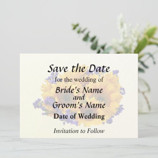 Boeket van zonnebloemen en paarse statice save the date (Staand voorkant)
