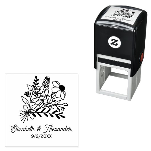 Boeket Wilde Bloemen #1L Trouwkoppel Namen Datum Zelfinktende Stempel (In situ)