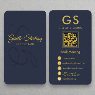 Boekhouder Navy Blue Gold QR Code Monogram Visitekaartje