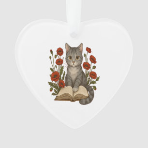 Boekkat � Schattige Lezende Kat Met Klaprozen Voor Ornament