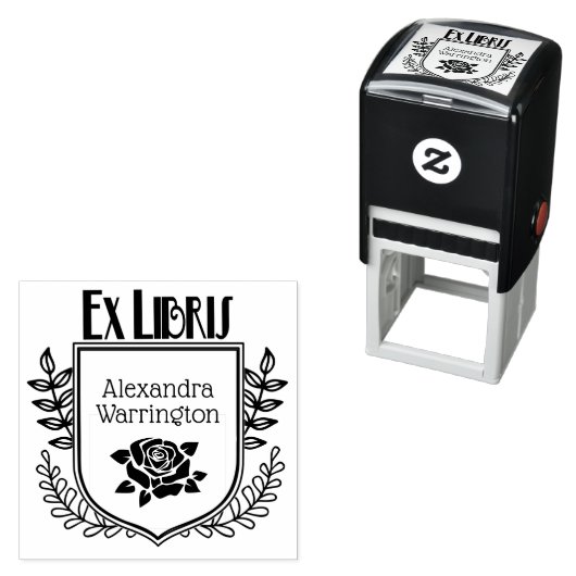 Boeknaam met botanische kam roos Ex Libris Zelfinktende Stempel (In situ)