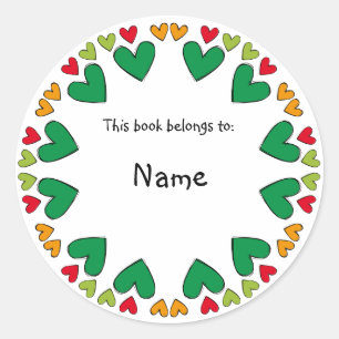 Boekplaat met groene en rode schattige hartrand ronde sticker