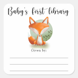 Boekplaat voor baby shower met vos, boeken voor ba vierkante sticker