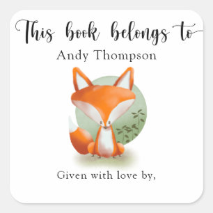 Boekplaat voor babyfeestje met vos - dit boek is v vierkante sticker