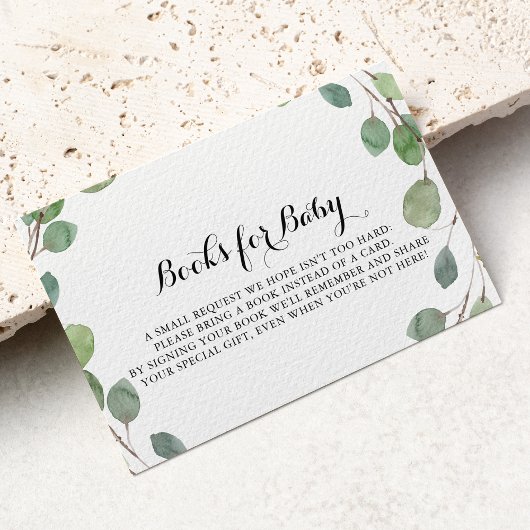 Boekverzoek voor babyfeestje met groen eucalyptus informatiekaartje