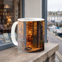 Boekwinkel Cozy Harbor bij schemering