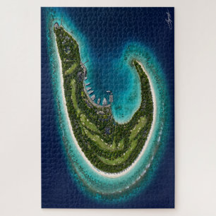 Boemerangvormig eiland met marina satellietbeeld legpuzzel