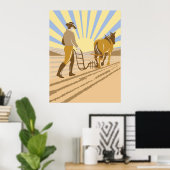 Boer en Paard die Akker Ploegen Retro Zonsopgang Poster (Thuiskantoor)