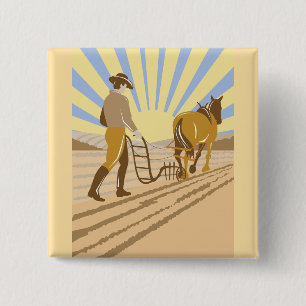 Boer en Paard die Akker Ploegen Retro Zonsopgang Vierkante Button 5,1 Cm
