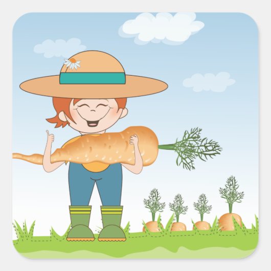 Boer Meisje met Giant Carrot Tuinieren Vierkante Sticker (Voorkant)