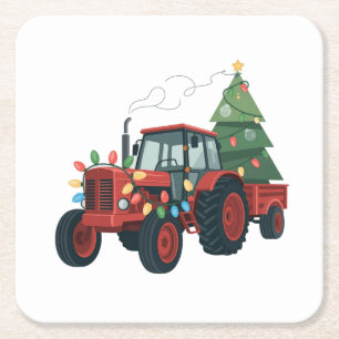 Boer Tractor Kerstverlichting Tractor Kerstmis Vierkante Kartonnen Onderzetter