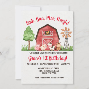 Boerderij Barnyard 1st Birthday Invitation Kaart
