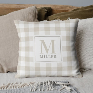 Boerderij Beige Buffalo Plaid Familienaam Monogram Kussen