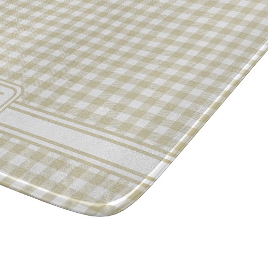 Boerderij Beige en witte Gingham Plaid Monogram Snijplank (Hoek)