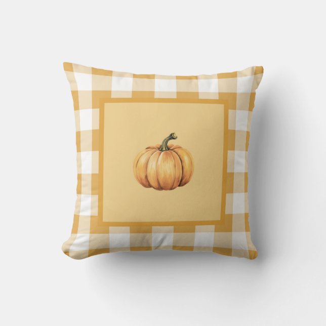 Boerderij Beige Plaid Pompoen Herfst Decor Kussen (Voorkant)