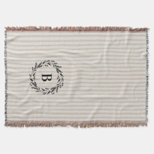Boerderij Beige Ticking Strepen Monogram Deken (Voorkant)