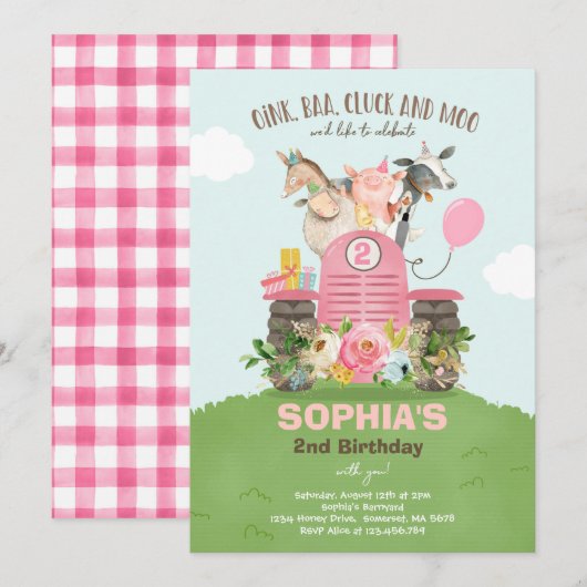 Boerderij Birthday Pink Old MacDonald Barnyard Par Kaart (Voorkant / Achterkant)