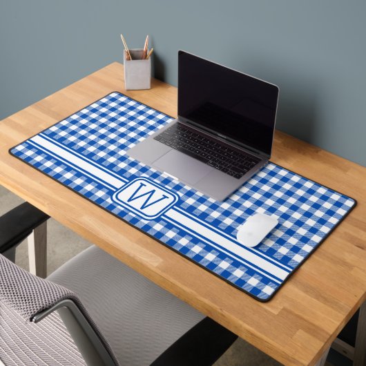 Boerderij Blauw en Wit Gingham Plaid Monogram Bureaumat (Kantoor 2)