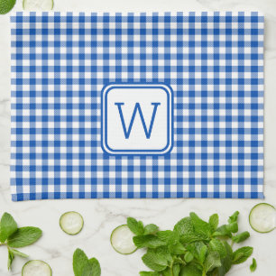 Boerderij Blauw en Wit Gingham Plaid Monogram Theedoek