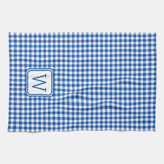 Boerderij Blauw en Wit Gingham Plaid Monogram Theedoek (Horizontaal)