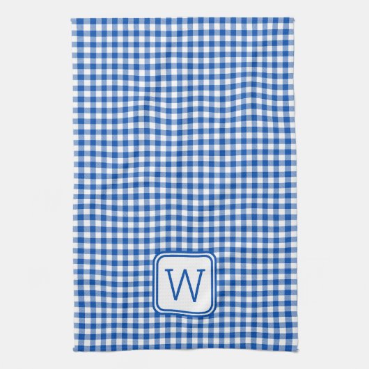 Boerderij Blauw en Wit Gingham Plaid Monogram Theedoek (Verticaal)