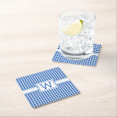 Boerderij Blauw en Wit Gingham Plaid Monogram Vierkante Kartonnen Onderzetter (Insitu)