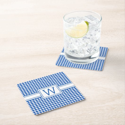 Boerderij Blauw en Wit Gingham Plaid Monogram Vierkante Kartonnen Onderzetter (Insitu)