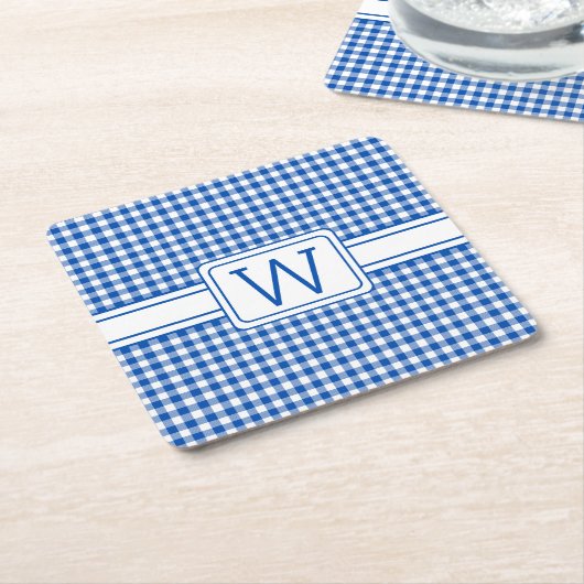 Boerderij Blauw en Wit Gingham Plaid Monogram Vierkante Kartonnen Onderzetter (Schuin)