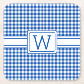 Boerderij Blauw en Wit Gingham Plaid Monogram Vierkante Kartonnen Onderzetter (Voorkant)
