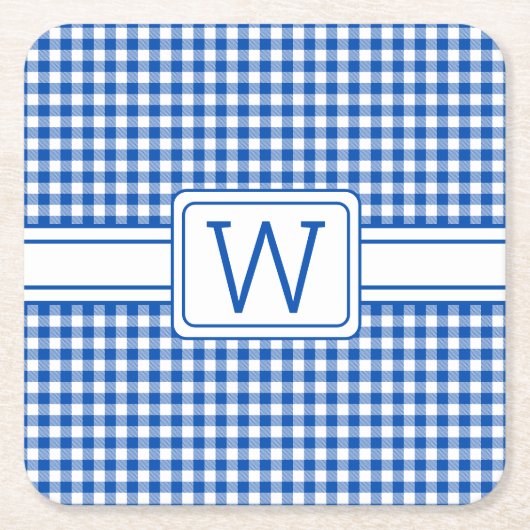 Boerderij Blauw en Wit Gingham Plaid Monogram Vierkante Kartonnen Onderzetter (Voorkant)