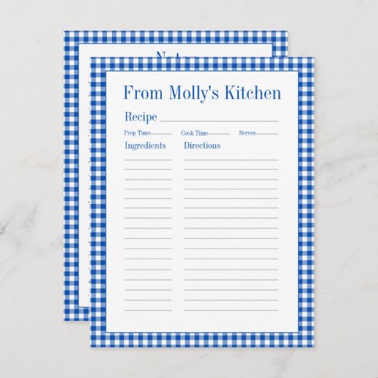 Boerderij Blauw en Wit Gingham Plaid Recept Informatiekaartje (Voorkant / Achterkant)