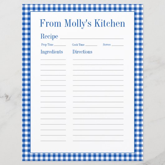 Boerderij Blauw en Wit Gingham Plaid Recept Pagina (Voorkant)