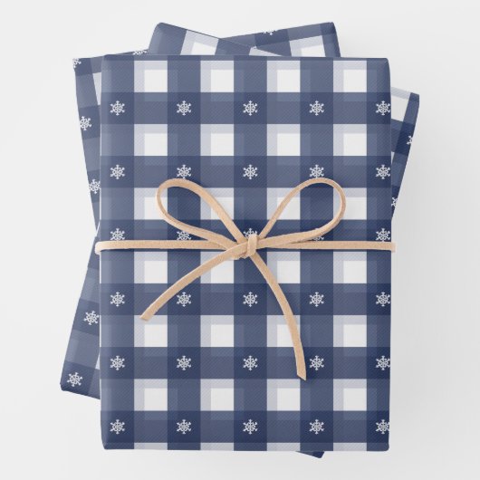 Boerderij blauw en wit sneeuwvlokken gingham plaid inpakpapier vel (In situ)