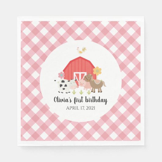 Boerderij Dier Verjaardagsfeestje servetten roze p (Voorkant)