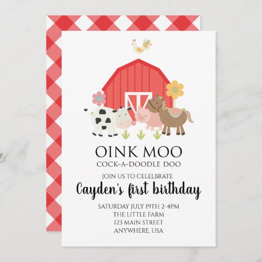 Boerderij dierenverjaardagsuitnodiging met rode pl kaart (Voorkant / Achterkant)