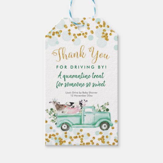 Boerderij Drive door Baby shower dank u label Cadeaulabel (Voorkant)
