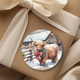 Boerderij en Highland Koe Kerst Ronde Sticker