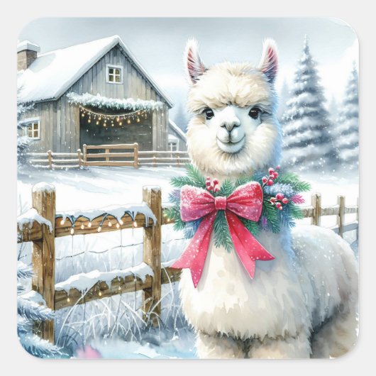 Boerderij en Schattigee alpaca kerst Vierkante Sticker (Voorkant)
