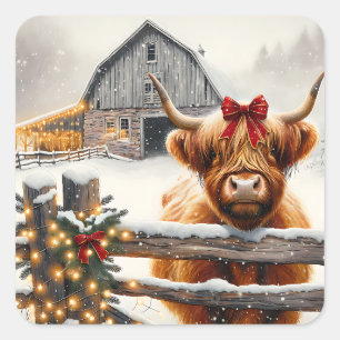  Boerderij en Schattigee Highland Koe Kerst Vierkante Sticker