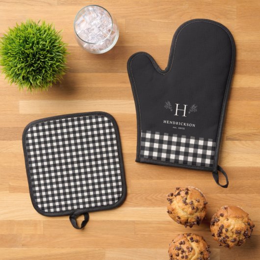 Boerderij familienaam monogram ovenwant & pannenlap set (Top down)