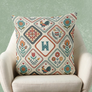 Boerderij Folk Sage Groene en Oranje Monogram Kussen