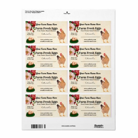 Boerderij Fresh Chicken Eggs Floral Brown Karton Etiket (Full Sheet)