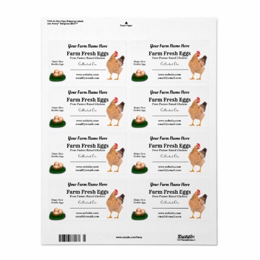 Boerderij Fresh Chicken Eggs White Carton Etiket (Full Sheet)