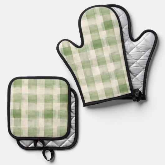 Boerderij Green Cream Plaid Vrijgezellenfeest Ovenwant & Pannenlap Set (Voorkant / Achterkant)