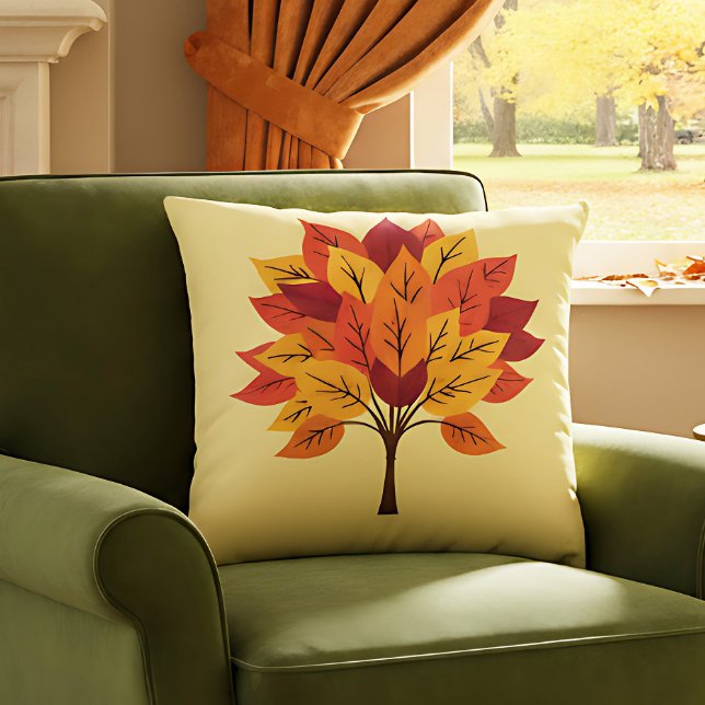 Boerderij Herfst Decor met Autumn Tree Design Kussen (Fall tree pillow in warm leaf tones decorates a green armchair in the living room.)