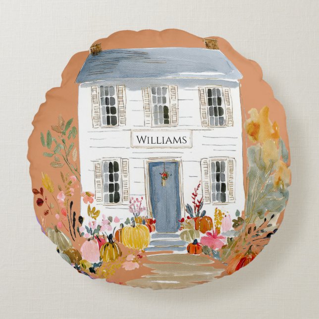 Boerderij Herfst Porch Monogram Rond Kussen (Voorkant)