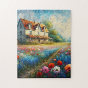 Boerderij in een bloemenveld legpuzzel