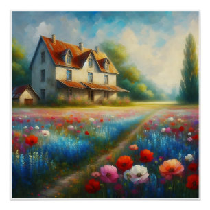 Boerderij in een bloemenveld perfect poster