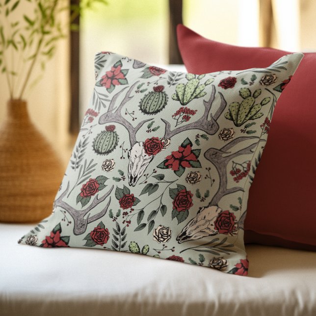Boerderij Kerst Bloemen Herten Schedel Antlers Kussen (Festive Southwestern Christmas Pillow. Chic Deer Skull, Antlers, Red Roses, Cacti & Poinsettias.)
