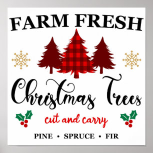 Boerderij kerstbomen knippen en tassen - poster